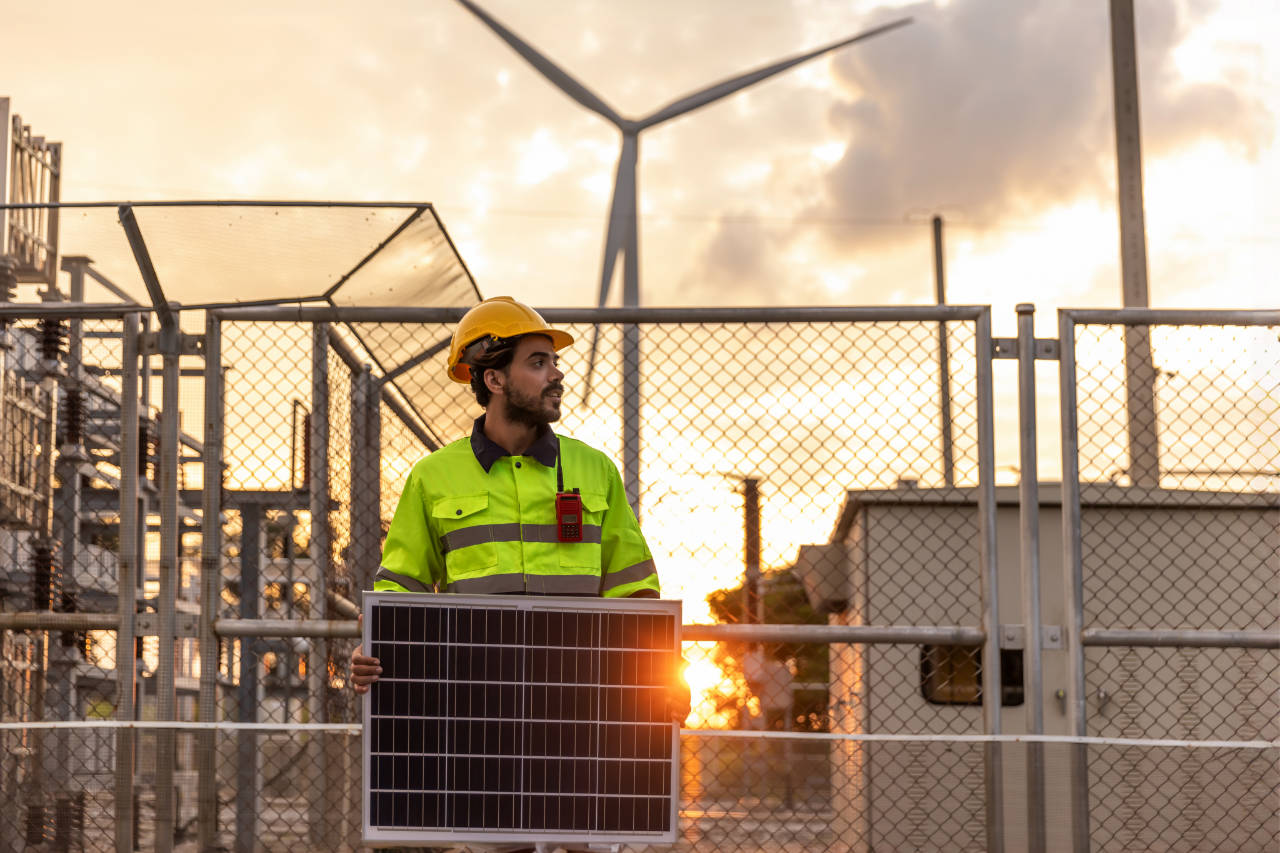 ingeniero profesional en energias renovables sosteniendo una placa de panel solar